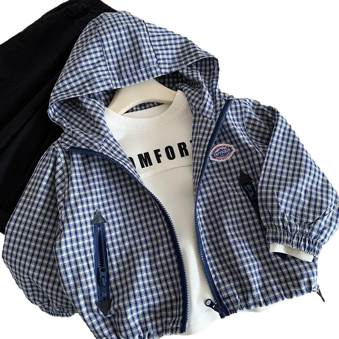 Boys' Jacket 2026 Spring New Style Children's Plaid Hooded Casual Cardigan Small Coat College Style Zip-Up Jacket Trendy