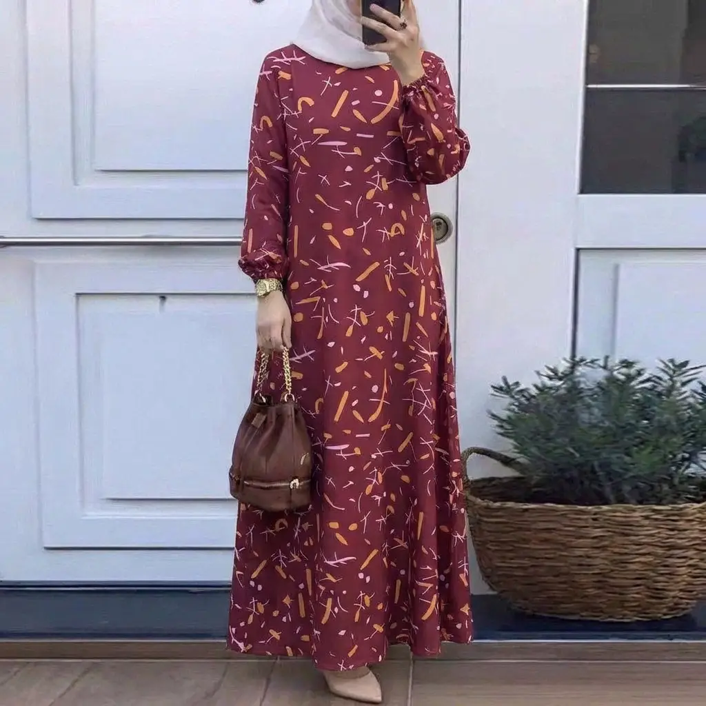 In-Stock Cross-Border New Style Printed Malay Dress with Full Sleeves and Round Neck, Long Gown, Factory Wholesale