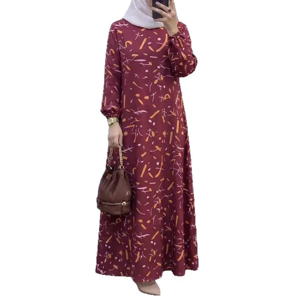 In-Stock Cross-Border New Style Printed Malay Dress with Full Sleeves and Round Neck, Long Gown, Factory Wholesale