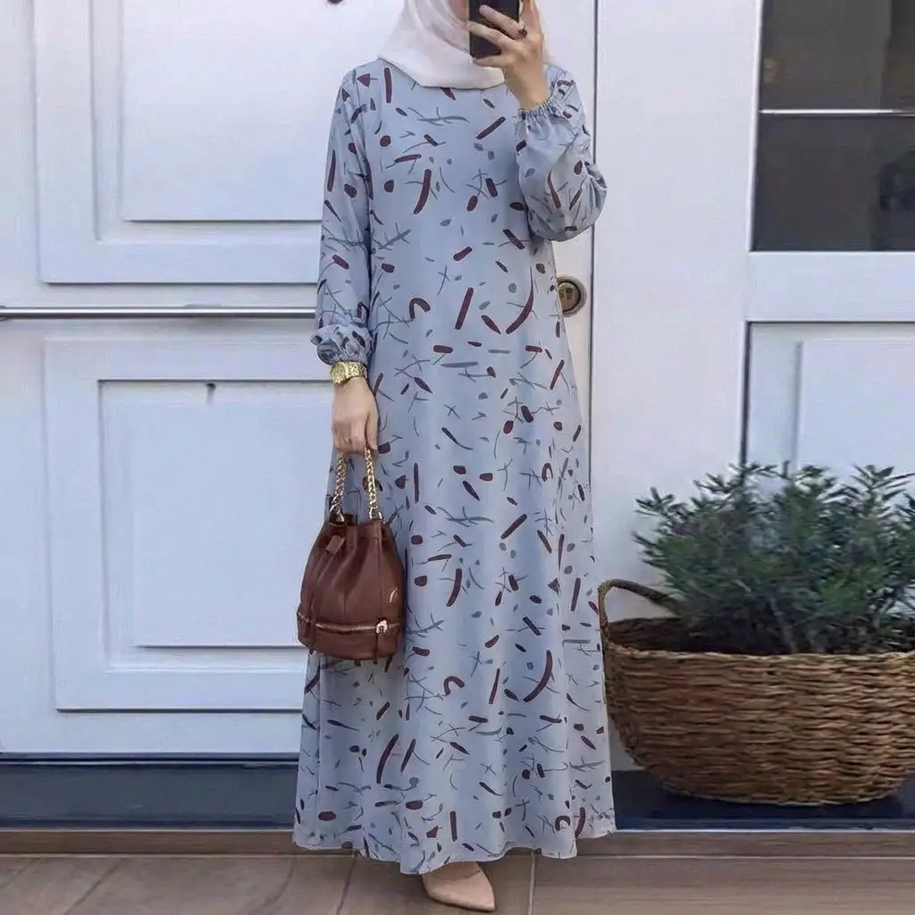 In-Stock Cross-Border New Style Printed Malay Dress with Full Sleeves and Round Neck, Long Gown, Factory Wholesale — feature 2