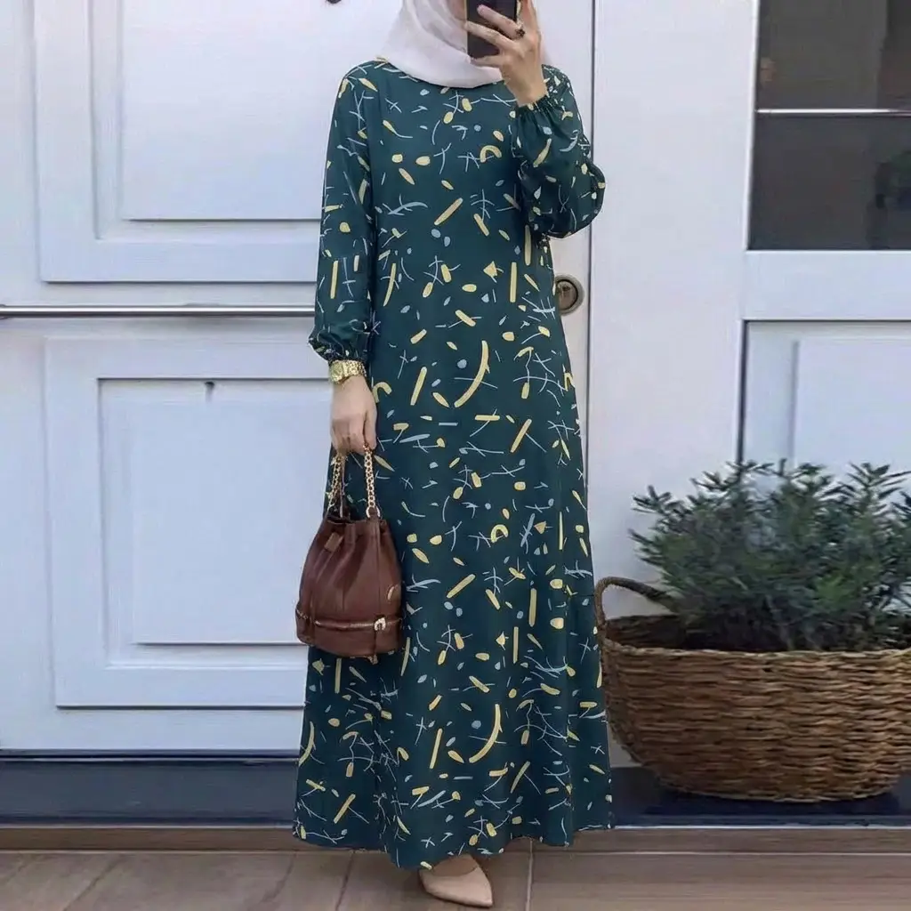 In-Stock Cross-Border New Style Printed Malay Dress with Full Sleeves and Round Neck, Long Gown, Factory Wholesale — feature 3