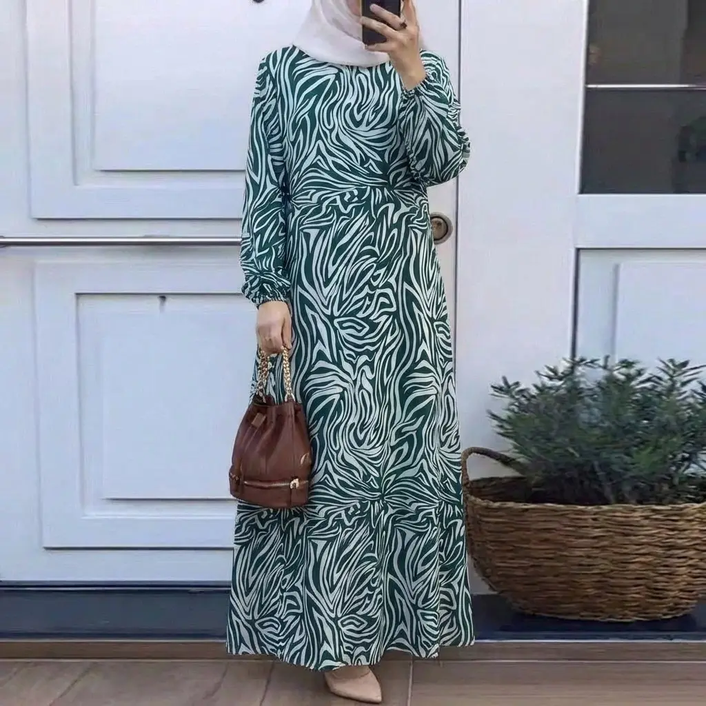 In-Stock Cross-Border New Style Printed Malay Dress with Full Sleeves and Round Neck, Long Gown, Factory Wholesale