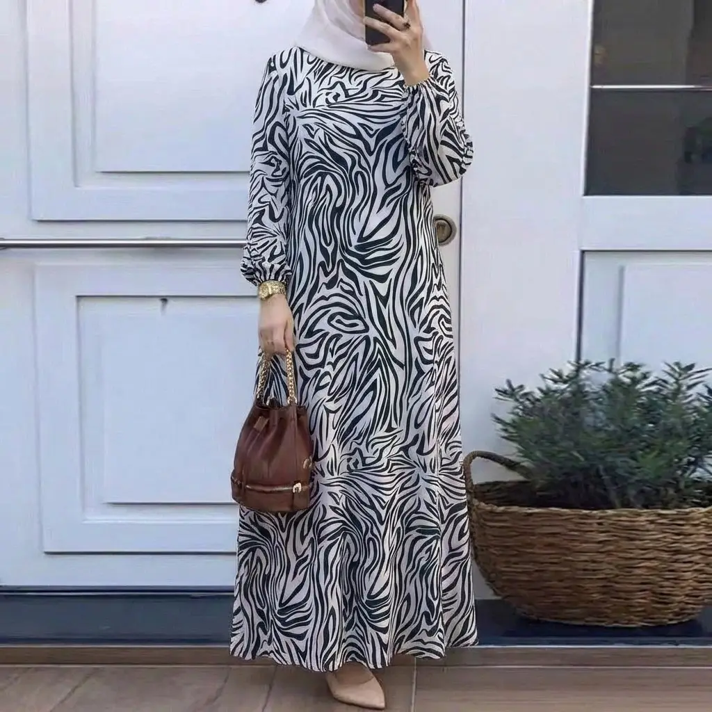 In-Stock Cross-Border New Style Printed Malay Dress with Full Sleeves and Round Neck, Long Gown, Factory Wholesale