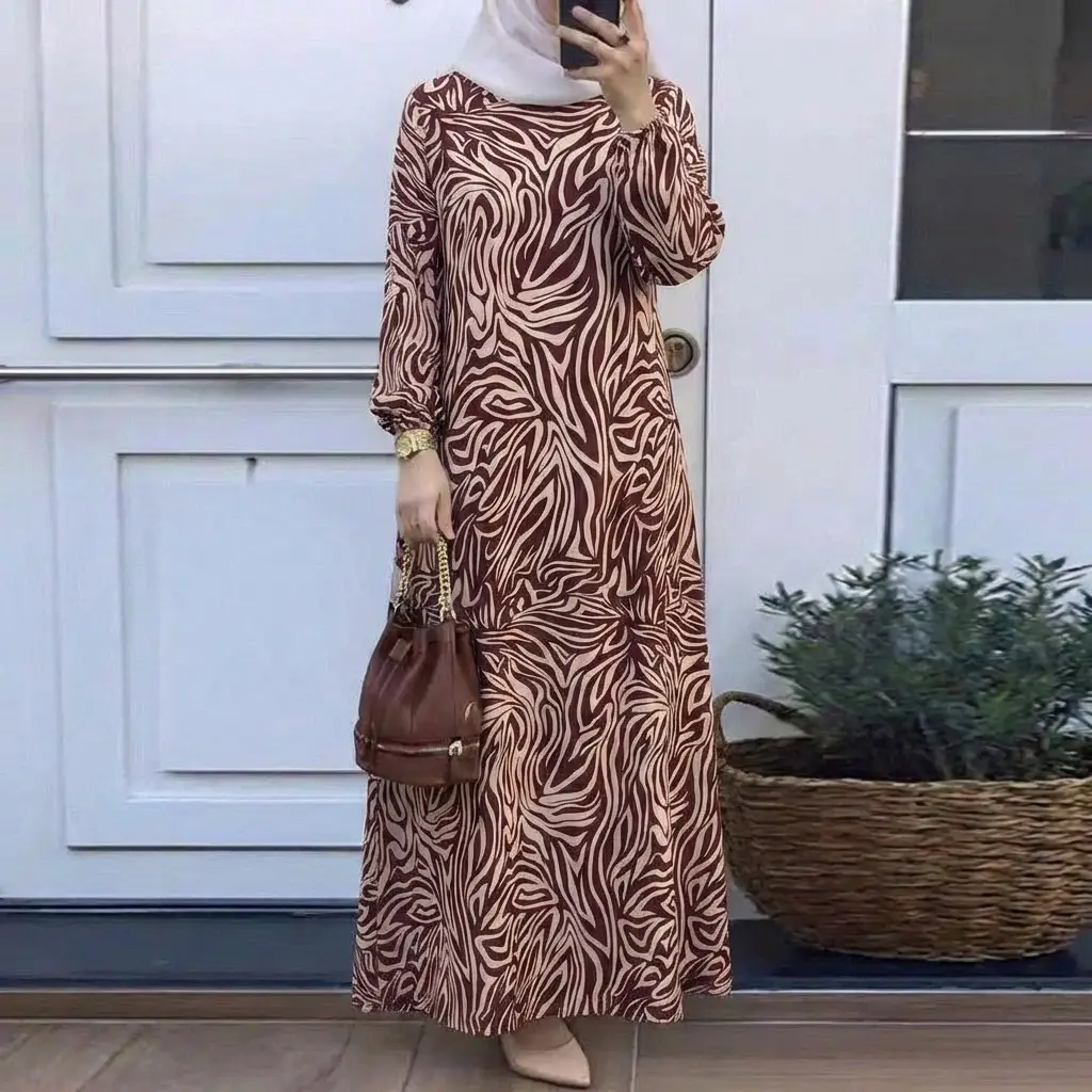 In-Stock Cross-Border New Style Printed Malay Dress with Full Sleeves and Round Neck, Long Gown, Factory Wholesale