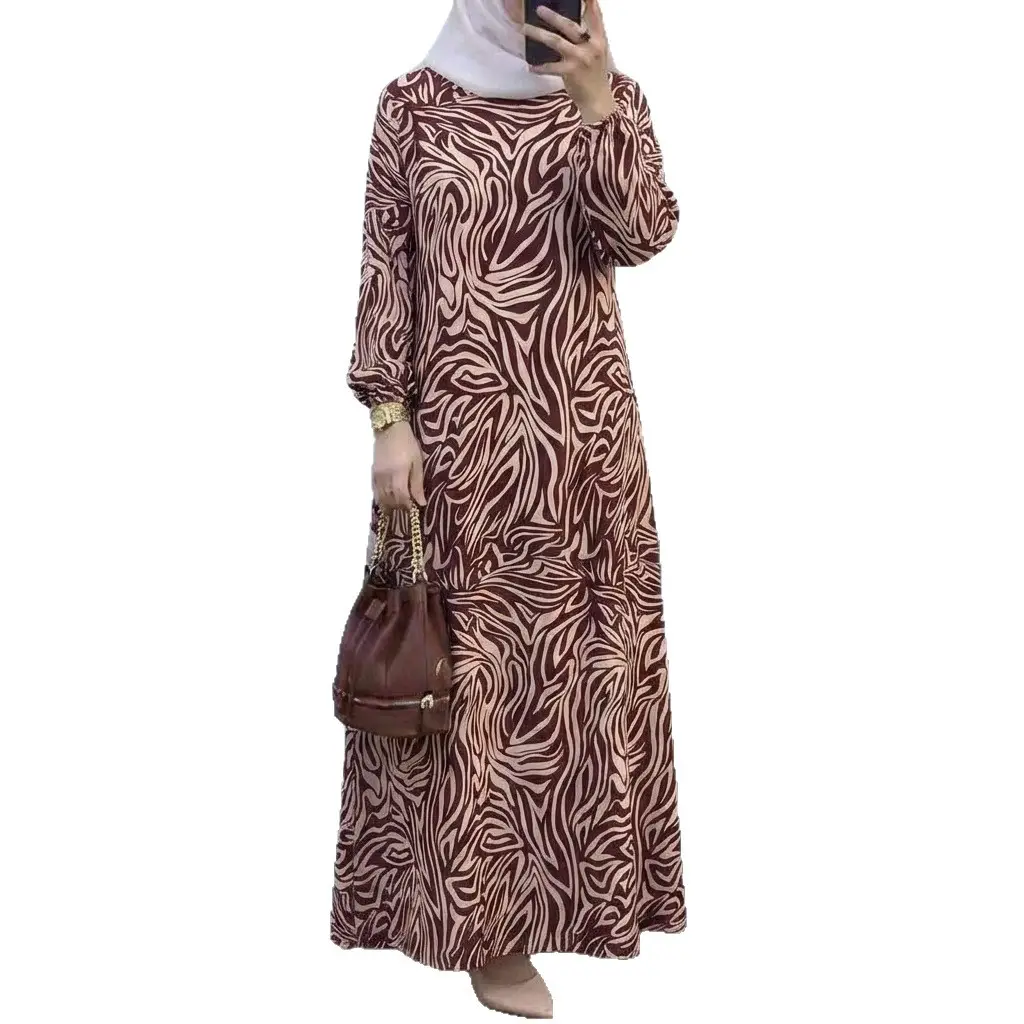 In-Stock Cross-Border New Style Printed Malay Dress with Full Sleeves and Round Neck, Long Gown, Factory Wholesale