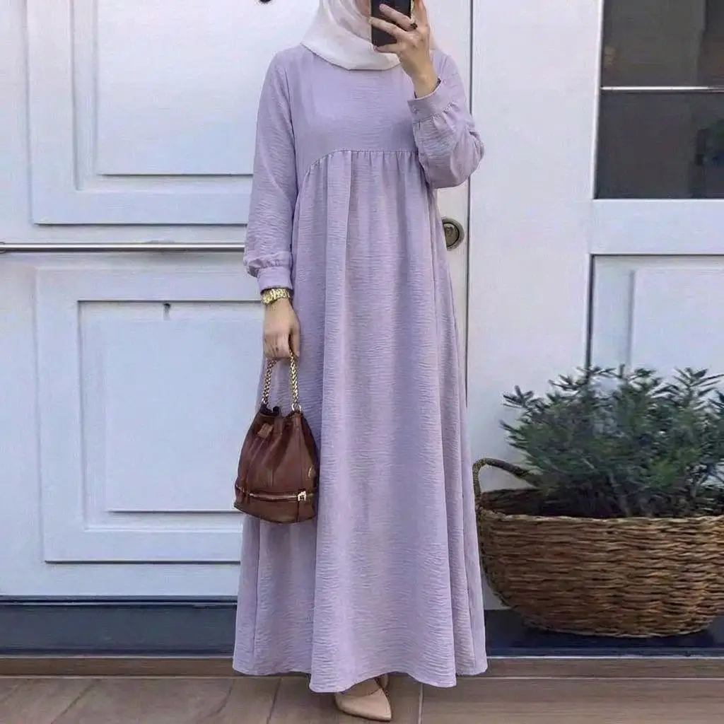 In-Stock Cross-Border Solid Color Plus-Size Long-Sleeve Loose Pullover Casual Long Dress Factory Wholesale