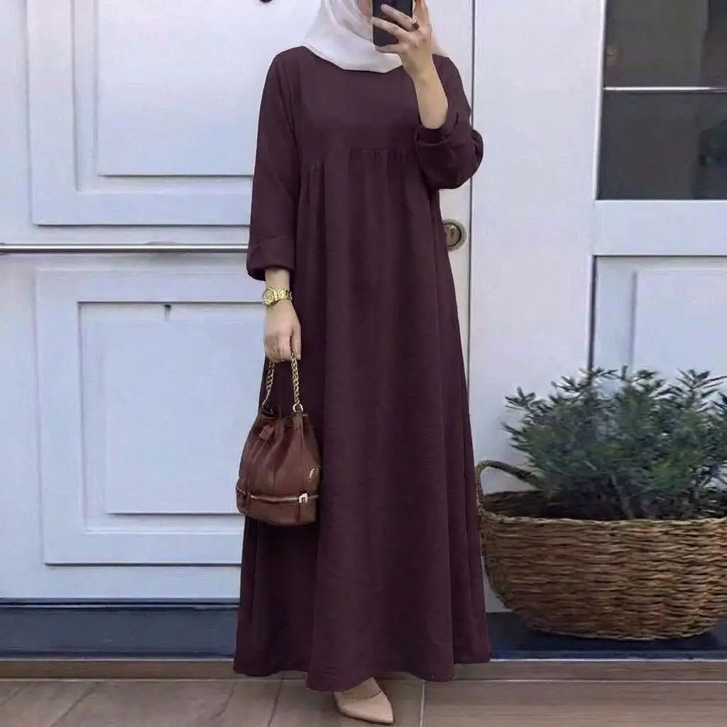 In-Stock Cross-Border Solid Color Plus-Size Long-Sleeve Loose Pullover Casual Long Dress Factory Wholesale