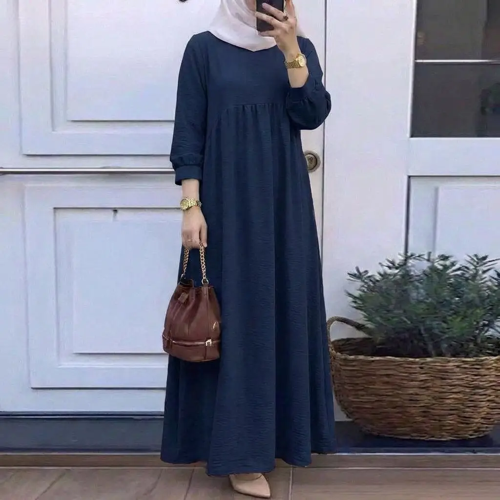 In-Stock Cross-Border Solid Color Plus-Size Long-Sleeve Loose Pullover Casual Long Dress Factory Wholesale