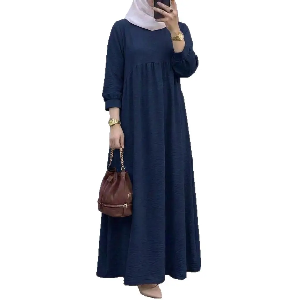 In-Stock Cross-Border Solid Color Plus-Size Long-Sleeve Loose Pullover Casual Long Dress Factory Wholesale