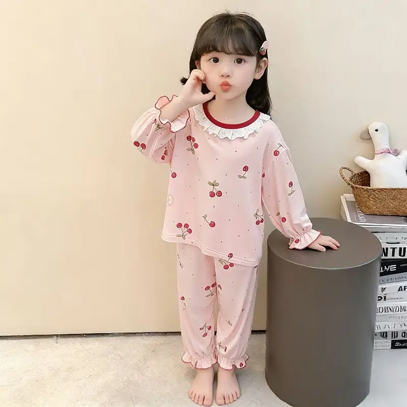 Pajamas for Girls in Spring and Autumn, Modal Thin Long-Sleeved Air-Conditioned Clothing for Girls and Babies, Cute Summer Home Clothes Set