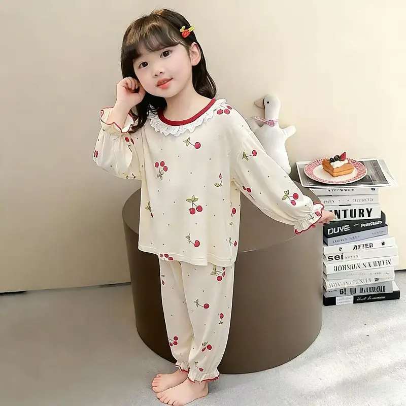 Pajamas for Girls in Spring and Autumn, Modal Thin Long-Sleeved Air-Conditioned Clothing for Girls and Babies, Cute Summer Home Clothes Set