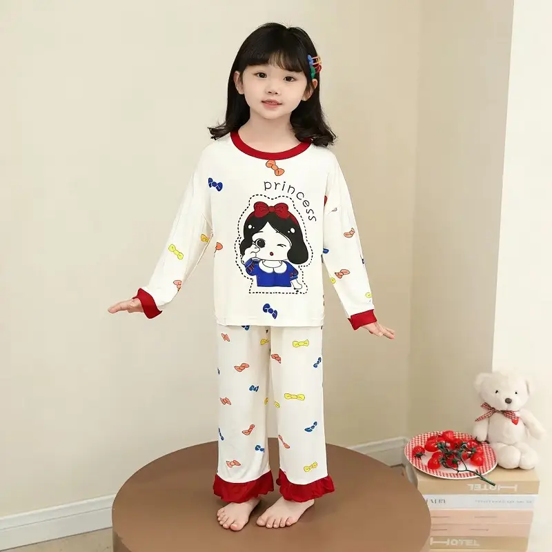Pajamas for Girls in Spring and Autumn, Modal Thin Long-Sleeved Air-Conditioned Clothing for Girls and Babies, Cute Summer Home Clothes Set