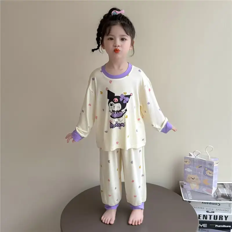Pajamas for Girls in Spring and Autumn, Modal Thin Long-Sleeved Air-Conditioned Clothing for Girls and Babies, Cute Summer Home Clothes Set