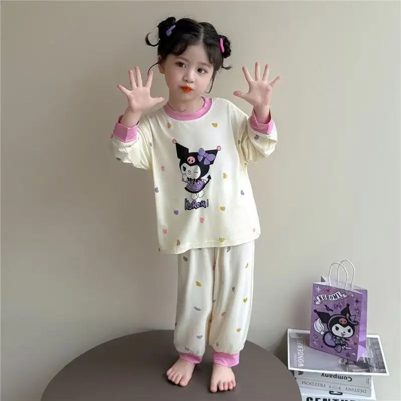 Pajamas for Girls in Spring and Autumn, Modal Thin Long-Sleeved Air-Conditioned Clothing for Girls and Babies, Cute Summer Home Clothes Set