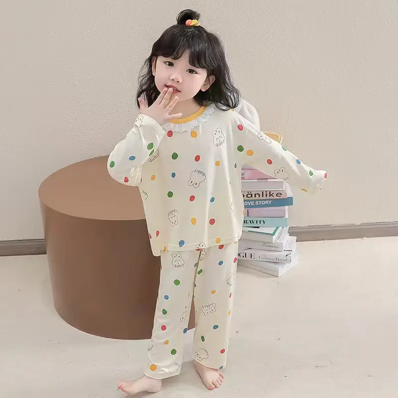 Pajamas for Girls in Spring and Autumn, Modal Thin Long-Sleeved Air-Conditioned Clothing for Girls and Babies, Cute Summer Home Clothes Set