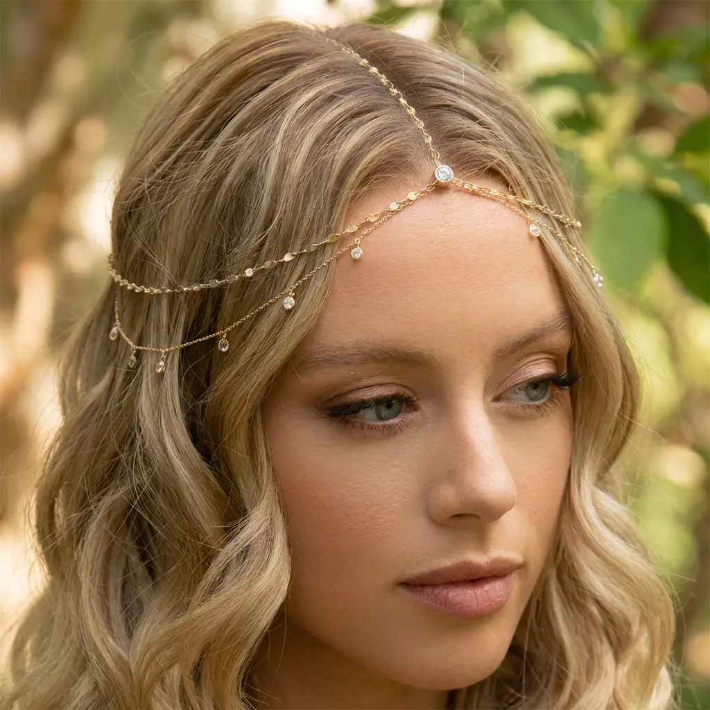 European and American Cross-Border Fashion Jewelry, Exotic Style, Diamond-Encrusted Chain Forehead Ornament, Personalized Bridal Hairband Accessories, Versatile