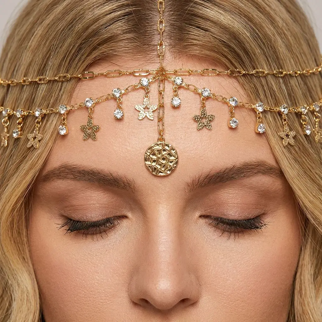 European and American Cross-Border Fashion Jewelry, Exotic Style, Diamond-Encrusted Chain Forehead Ornament, Personalized Bridal Hairband Accessories, Versatile — feature 16