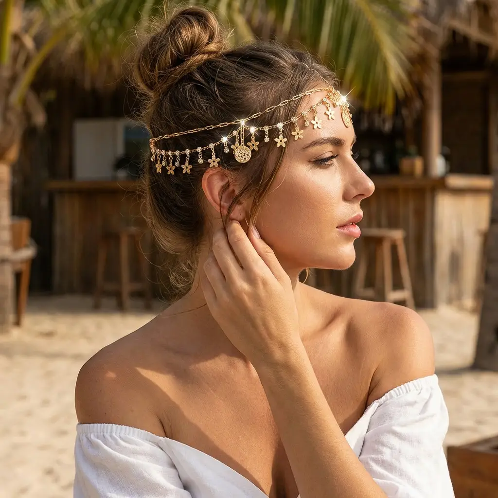 European and American Cross-Border Fashion Jewelry, Exotic Style, Diamond-Encrusted Chain Forehead Ornament, Personalized Bridal Hairband Accessories, Versatile — feature 7