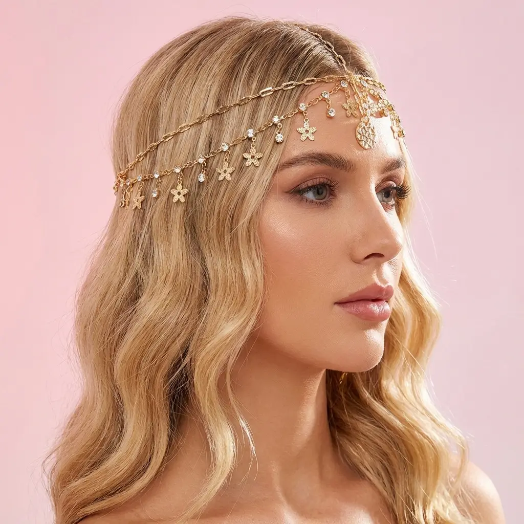 European and American Cross-Border Fashion Jewelry, Exotic Style, Diamond-Encrusted Chain Forehead Ornament, Personalized Bridal Hairband Accessories, Versatile — feature 9