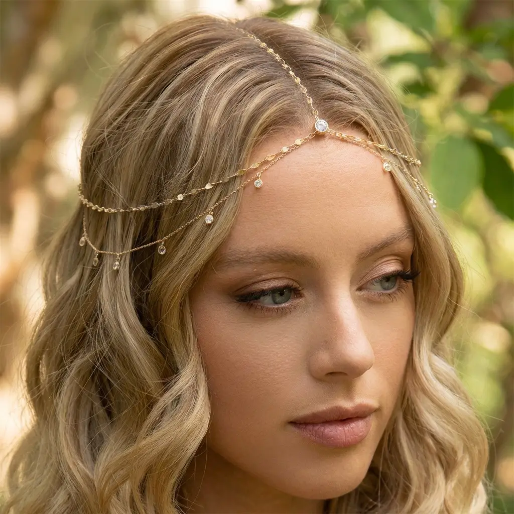European and American Cross-Border Fashion Jewelry, Exotic Style, Diamond-Encrusted Chain Forehead Ornament, Personalized Bridal Hairband Accessories, Versatile