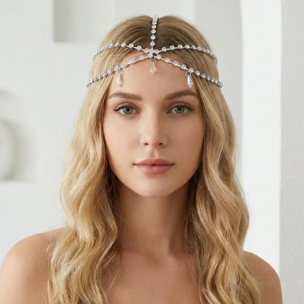 European and American Cross-Border Fashion Jewelry, Exotic Style, Diamond-Encrusted Chain Forehead Ornament, Personalized Bridal Hairband Accessories, Versatile