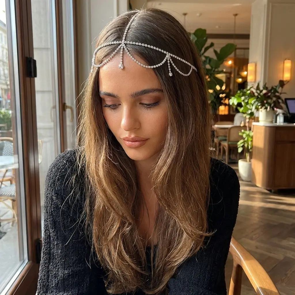 European and American Cross-Border Fashion Jewelry, Exotic Style, Diamond-Encrusted Chain Forehead Ornament, Personalized Bridal Hairband Accessories, Versatile