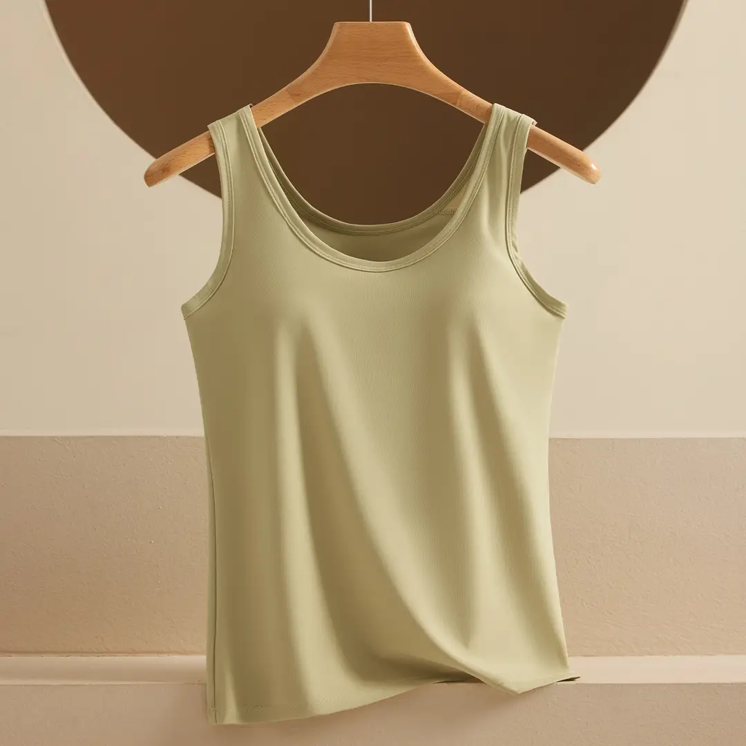 Ice Silk Wide-Shoulder Vest for Women, Seamless Camisole with Built-In Chest Pads, Suitable for Outerwear or Layering, Slimming Long Top for Women