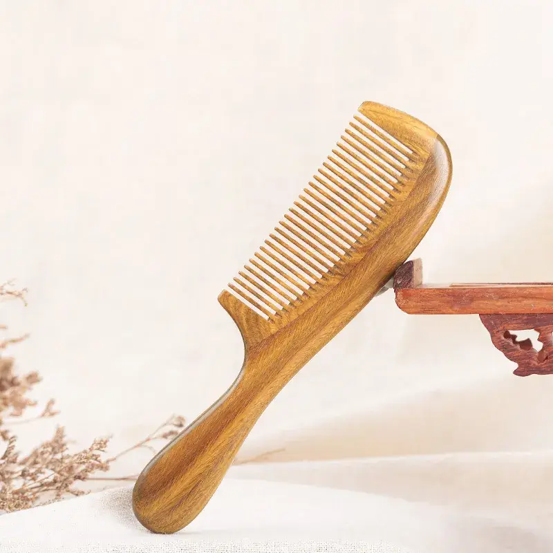 Wooden Hair Comb with Round Handle Green Sandalwood - Image 2