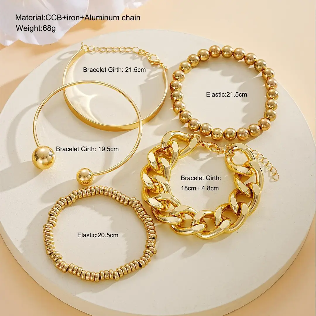 European and American Style Exaggerated Personality Cross-Border Thick Chain Open 5-Piece Metal Bracelet Set