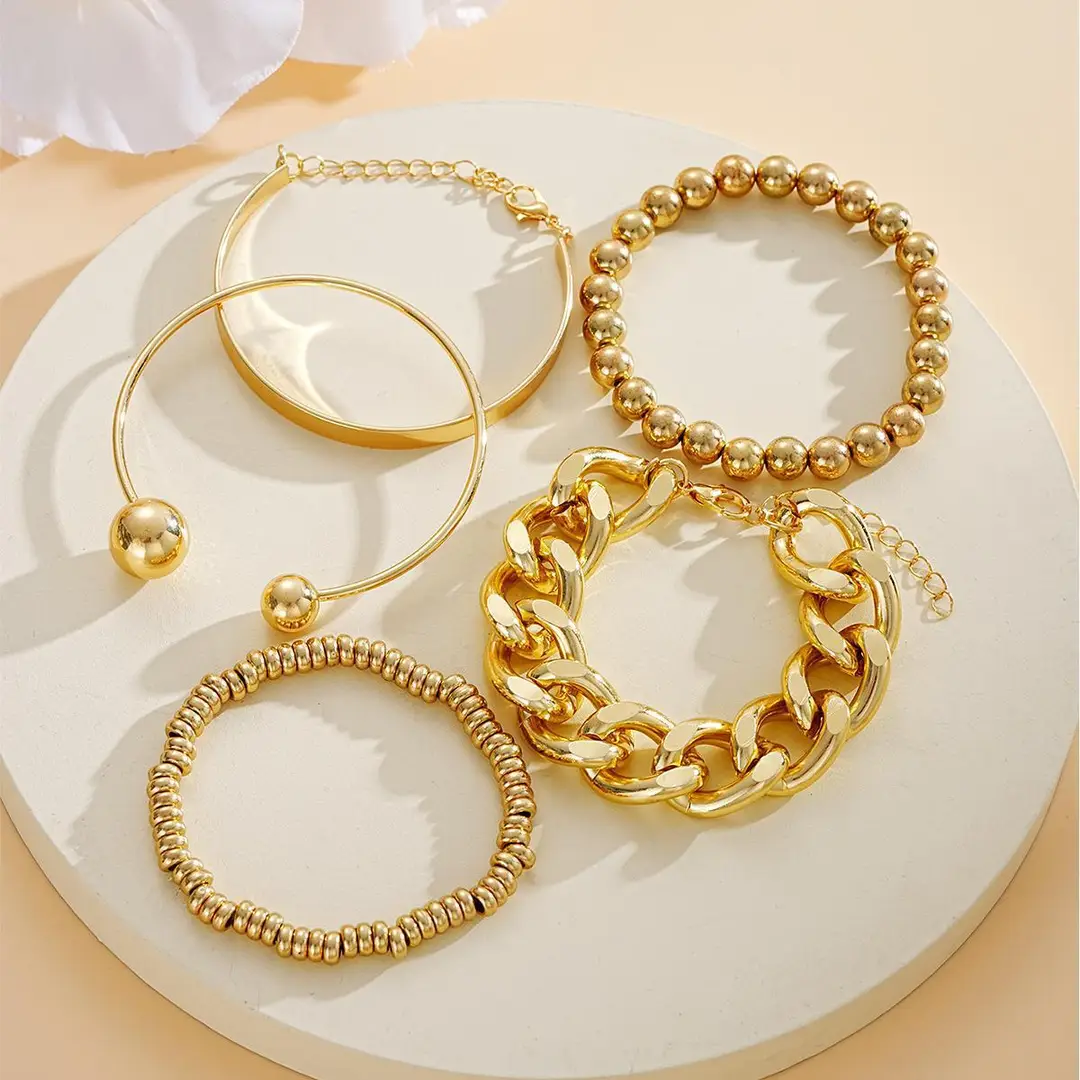 European and American Style Exaggerated Personality Cross-Border Thick Chain Open 5-Piece Metal Bracelet Set