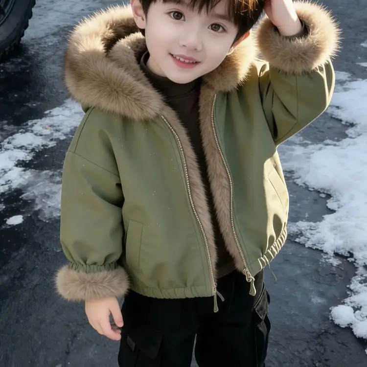 Girls' Fleece-Lined Jacket 2025 New Winter Thickened Early Winter Outfit for Little Girls, Super Cute Hooded Parka