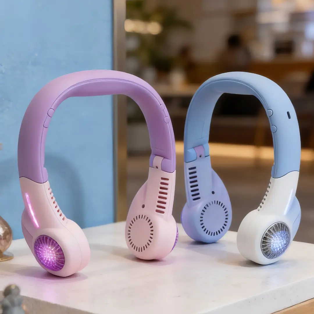 2026 New Model Foldable Portable Neck-Hanging Fan USB Charging with Light, Three-Speed Adjustable, Color-Blocking Neck Fan