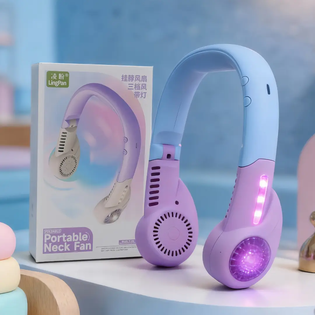 2026 New Model Foldable Portable Neck-Hanging Fan USB Charging with Light, Three-Speed Adjustable, Color-Blocking Neck Fan