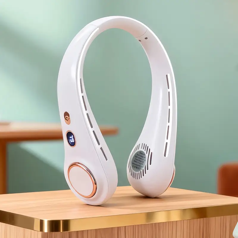 2026 New Model Foldable Portable Neck-Hanging Fan USB Charging with Light, Three-Speed Adjustable, Color-Blocking Neck Fan