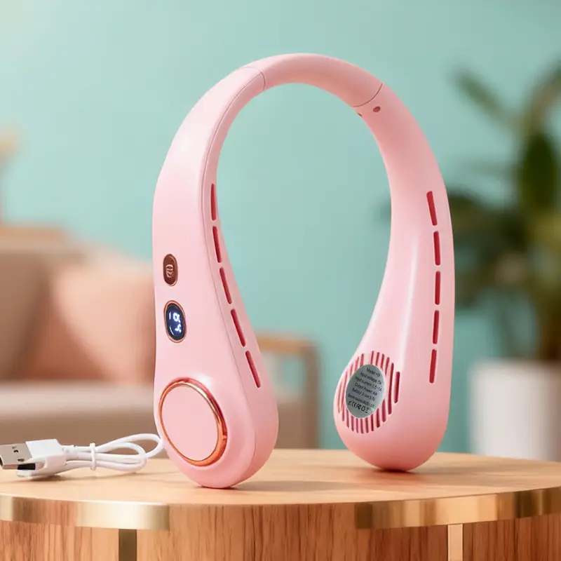 2026 New Model Foldable Portable Neck-Hanging Fan USB Charging with Light, Three-Speed Adjustable, Color-Blocking Neck Fan