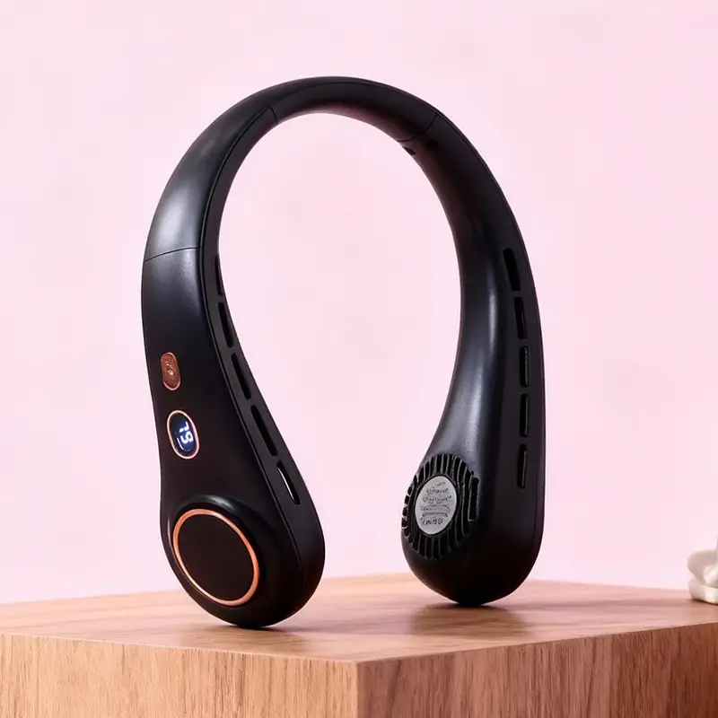 2026 New Model Foldable Portable Neck-Hanging Fan USB Charging with Light, Three-Speed Adjustable, Color-Blocking Neck Fan