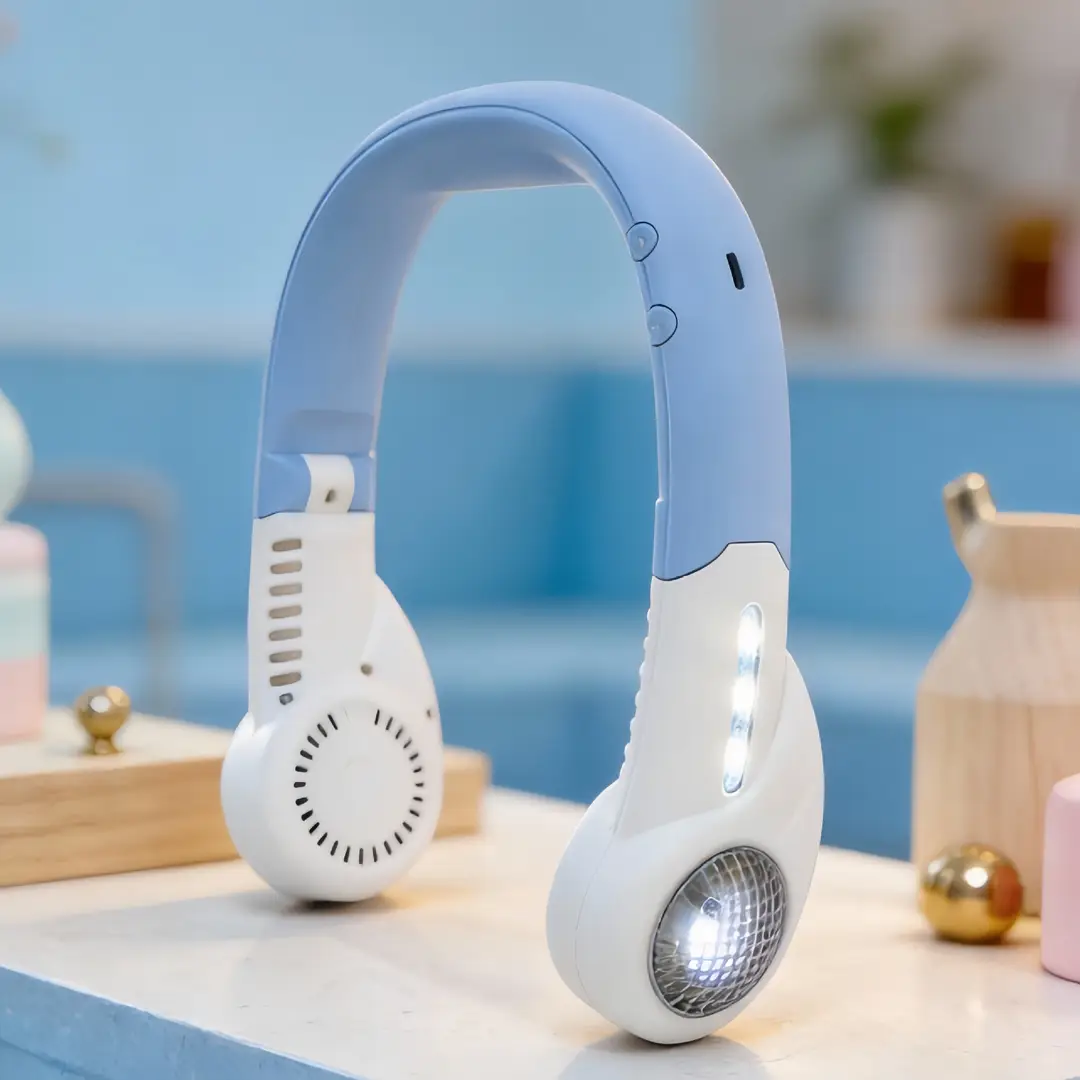2026 New Model Foldable Portable Neck-Hanging Fan USB Charging with Light, Three-Speed Adjustable, Color-Blocking Neck Fan
