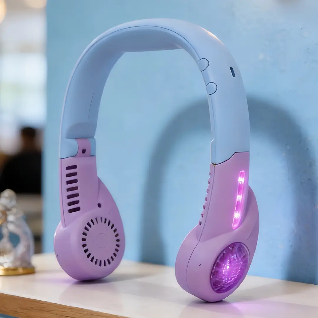 2026 New Model Foldable Portable Neck-Hanging Fan USB Charging with Light, Three-Speed Adjustable, Color-Blocking Neck Fan