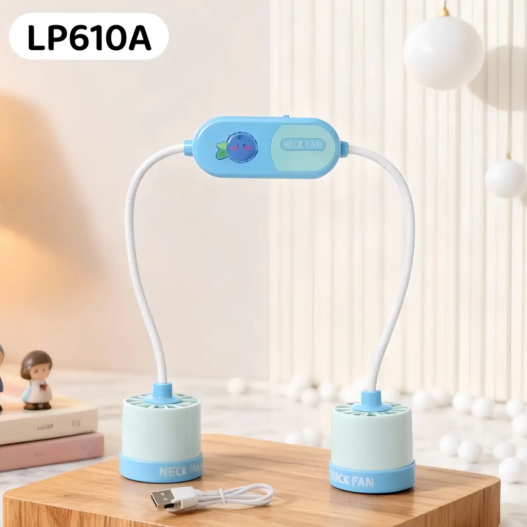 2026 New Model Foldable Portable Neck-Hanging Fan USB Charging with Light, Three-Speed Adjustable, Color-Blocking Neck Fan
