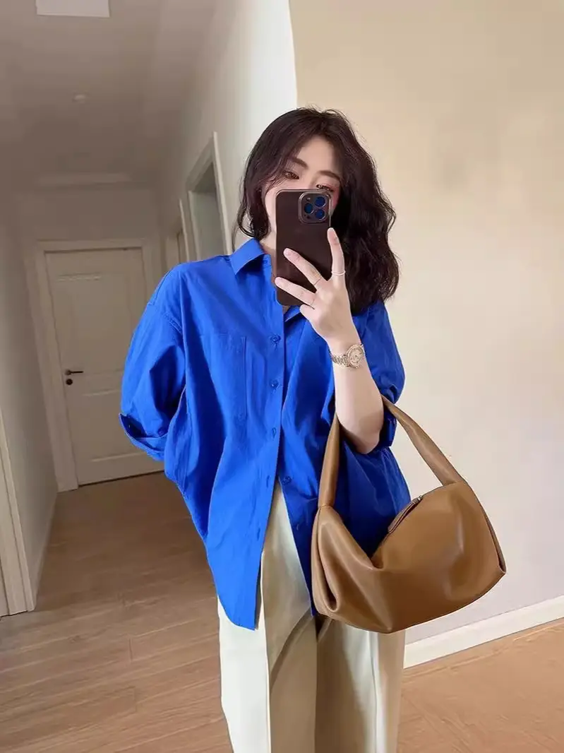Klein Blue Shirt for Women Spring and Autumn 2024 New Casual Loose Layered Long-Sleeved Shirt Jacket