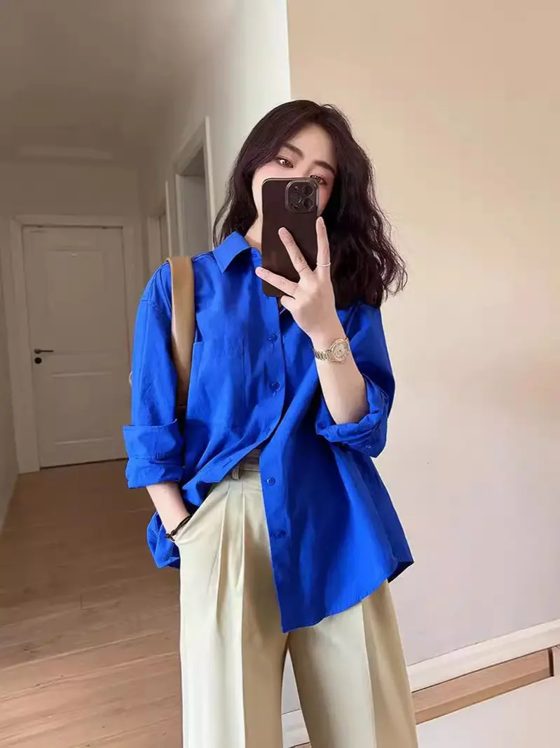 Klein Blue Shirt for Women Spring and Autumn 2024 New Casual Loose Layered Long-Sleeved Shirt Jacket