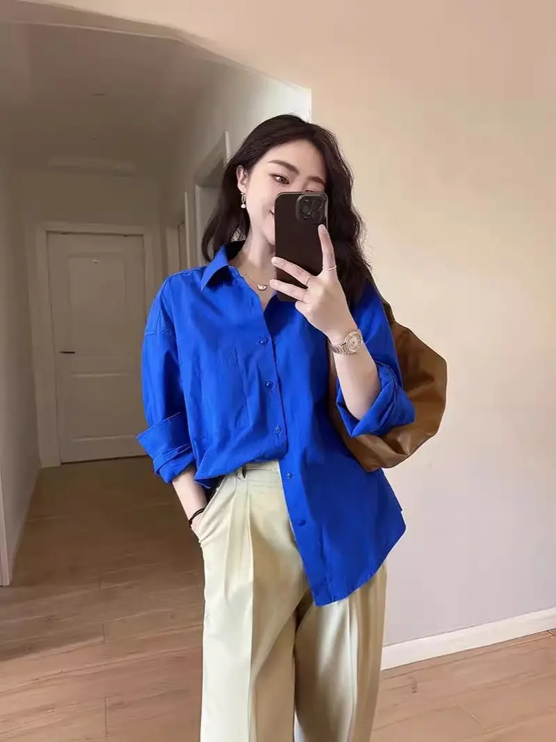 Klein Blue Shirt for Women Spring and Autumn 2024 New Casual Loose Layered Long-Sleeved Shirt Jacket