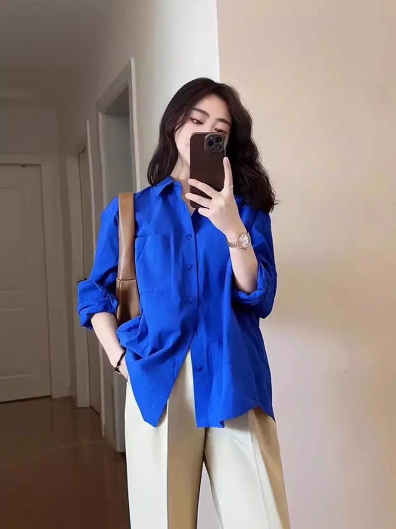 Klein Blue Shirt for Women Spring and Autumn 2024 New Casual Loose Layered Long-Sleeved Shirt Jacket