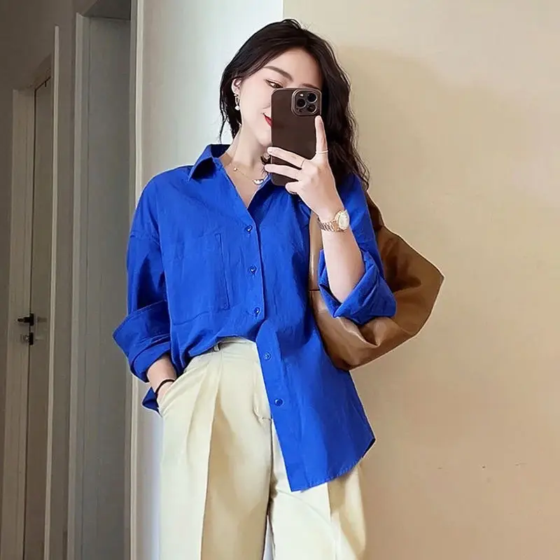 Klein Blue Shirt for Women Spring and Autumn 2024 New Casual Loose Layered Long-Sleeved Shirt Jacket — feature 1