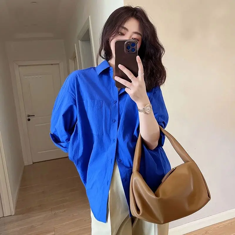 Klein Blue Shirt for Women Spring and Autumn 2024 New Casual Loose Layered Long-Sleeved Shirt Jacket — feature 2