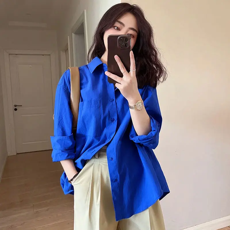 Klein Blue Shirt for Women Spring and Autumn 2024 New Casual Loose Layered Long-Sleeved Shirt Jacket — feature 3