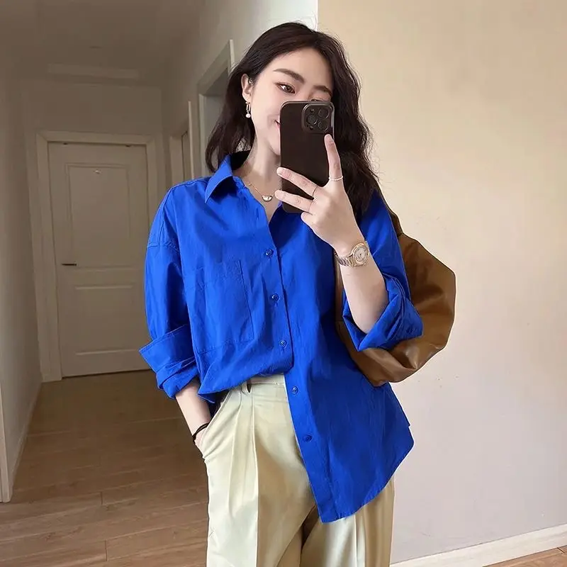 Klein Blue Shirt for Women Spring and Autumn 2024 New Casual Loose Layered Long-Sleeved Shirt Jacket — feature 4