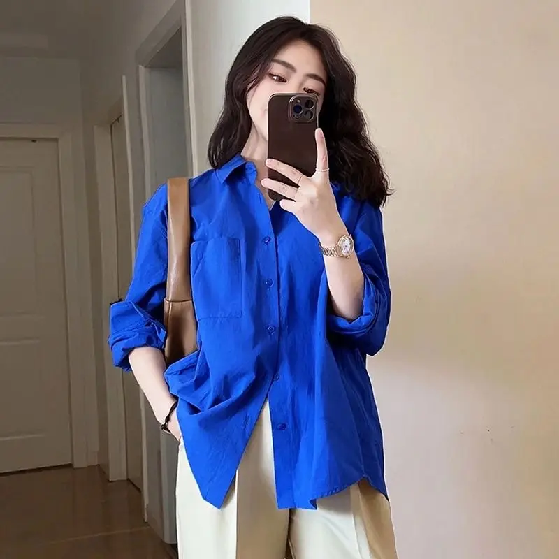 Klein Blue Shirt for Women Spring and Autumn 2024 New Casual Loose Layered Long-Sleeved Shirt Jacket — feature 5