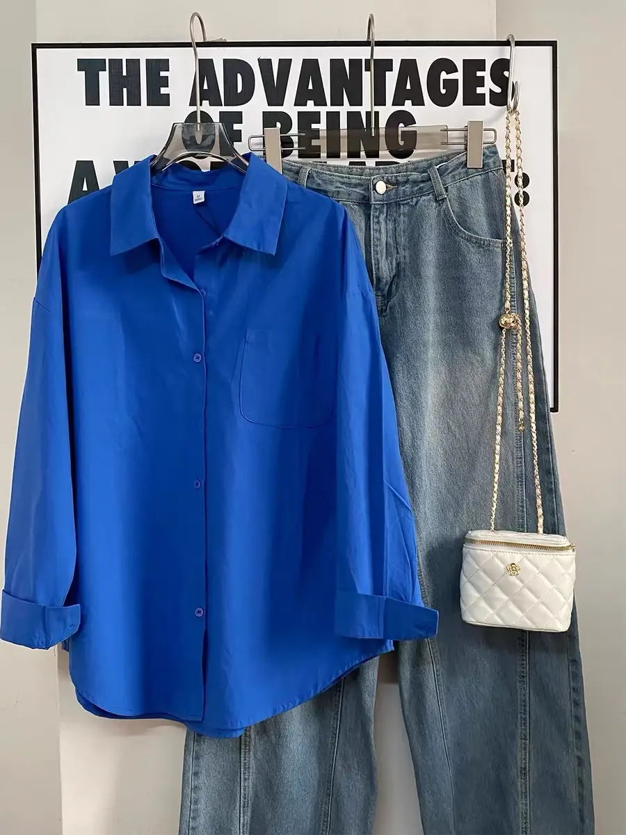 Klein Blue Shirt for Women Spring and Autumn 2024 New Casual Loose Layered Long-Sleeved Shirt Jacket — feature 7