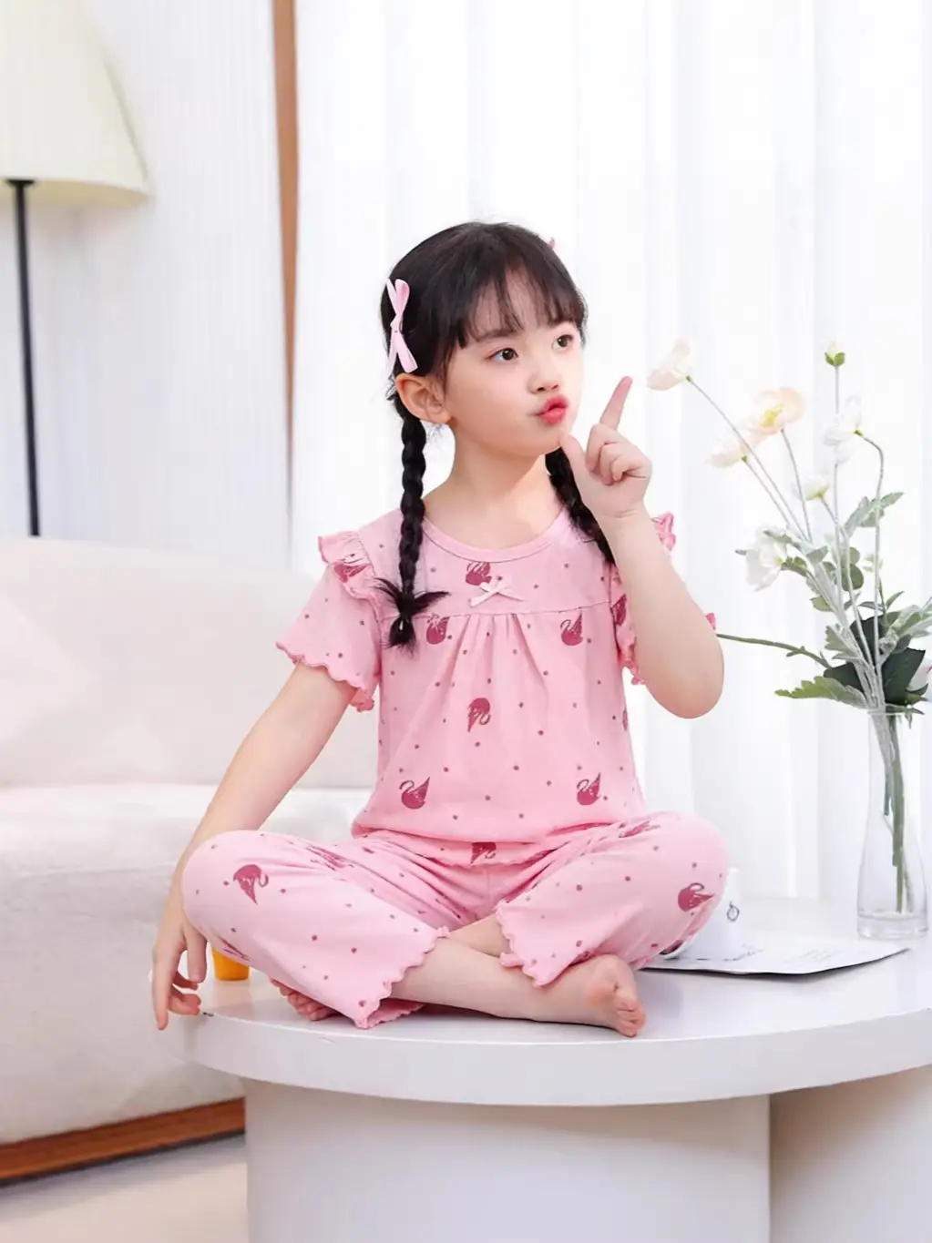 Children's Pajamas Set, Summer Short-Sleeved Girls' Air-Conditioned Clothing, Baby Clothes, Medium and Large Children's Clothing, Modal Two-Piece Set